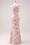 Mermaid One Shoulder Light Pink Ruffled Long Wedding Guest Dress
