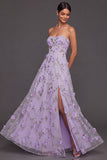 Maxi A Line Floral Lilac Appliqued Sweetheart Wedding Guest Dress with Slit