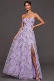 Maxi A Line Floral Lilac Appliqued Sweetheart Wedding Guest Dress with Slit