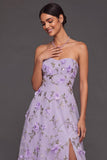 Maxi A Line Floral Lilac Appliqued Sweetheart Wedding Guest Dress with Slit