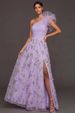 Maxi A Line Floral Lilac Appliqued One Shoulder Wedding Guest Dress with Slit