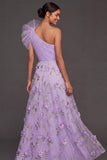 Maxi A Line Floral Lilac Appliqued One Shoulder Wedding Guest Dress with Slit