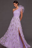 Maxi A Line Floral Lilac Appliqued One Shoulder Wedding Guest Dress with Slit