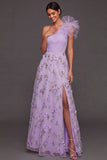 Maxi A Line Floral Lilac Appliqued One Shoulder Wedding Guest Dress with Slit