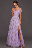 Lilac Floral A Line Appliqued Long Wedding Guest Dress