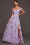 Lilac Floral A Line Appliqued Long Wedding Guest Dress