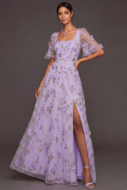 Lilac Floral A Line Appliqued Long Wedding Guest Dress with Slit