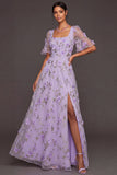 Lilac Floral A Line Appliqued Long Wedding Guest Dress with Slit