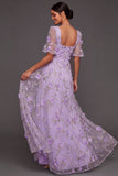 Lilac Floral A Line Appliqued Long Wedding Guest Dress with Slit