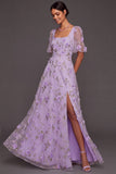Lilac Floral A Line Appliqued Long Wedding Guest Dress with Slit