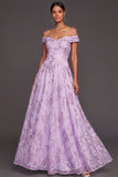 Appliqued Floral A Line Lilac Long Wedding Guest Dress