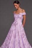 Appliqued Floral A Line Lilac Long Wedding Guest Dress