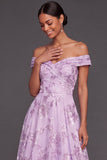 Appliqued Floral A Line Lilac Long Wedding Guest Dress