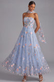 Light Blue Maxi Appliqued A Line Floral Neck Scarf Wedding Guest Dress