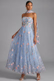 Light Blue Maxi Appliqued A Line Floral Neck Scarf Wedding Guest Dress