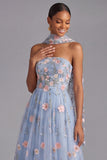 Light Blue Maxi Appliqued A Line Floral Neck Scarf Wedding Guest Dress