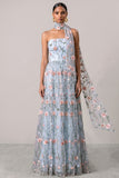 Light Blue Maxi Appliqued A Line Floral Neck Scarf Wedding Guest Dress