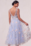 Light Blue Floral A Line Appliqued Midi Wedding Guest Dress