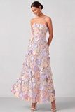 White Appliqued Maxi A Line Floral Strapless Tiered Wedding Guest Dress