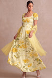 Floral Light Yellow Puff Sleeves Long Wedding Guest Dress