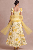 Floral Light Yellow Puff Sleeves Long Wedding Guest Dress