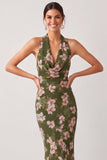 Olive Cowl Neck Mermaid Maxi Floral Wedding Guest Dress with Slit
