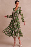 Olive Floral A Line V Neck Midi Wedding Guest Dress