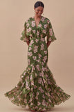 Olive Half Sleeves Mermaid Maxi Floral Wedding Guest Dress with Ruffles