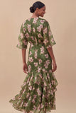 Olive Half Sleeves Mermaid Maxi Floral Wedding Guest Dress with Ruffles