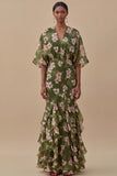 Olive Half Sleeves Mermaid Maxi Floral Wedding Guest Dress with Ruffles