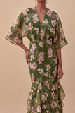 Olive Half Sleeves Mermaid Maxi Floral Wedding Guest Dress with Ruffles