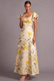 A Line Light Yellow Floral Long Wedding Guest Dress