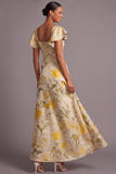 A Line Light Yellow Floral Long Wedding Guest Dress