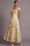 A Line Light Yellow Floral Long Wedding Guest Dress