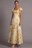 A Line Light Yellow Floral Long Wedding Guest Dress