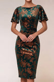 Dark Green Short Sleeves Sheath Midi Wedding Guest Dress