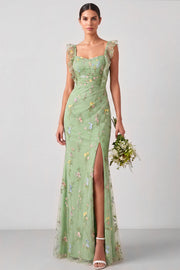 Floral Green Ruched Ruffled Long Wedding Guest Dress with Slit