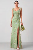 Floral Green Ruched Ruffled Long Wedding Guest Dress with Slit