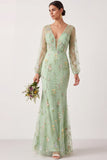 Green Floral Mermaid Long Sheer Sleeves Wedding Guest Dress