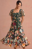 Dark Green Floral A Line Appliqued Midi Wedding Guest Dress