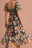 Dark Green Floral A Line Appliqued Midi Wedding Guest Dress