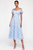 Light Blue Floral Appliqued A Line Midi Wedding Guest Dress