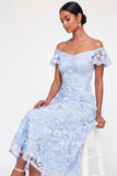 Light Blue Floral Appliqued A Line Midi Wedding Guest Dress