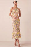 Yellow Floral Embroidered One Shoulder Midi Mermaid Wedding Guest Dress