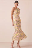 Yellow Floral Embroidered One Shoulder Midi Mermaid Wedding Guest Dress