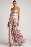 Pink Floral Printed Strapless A Line Maxi Wedding Guest Dress