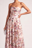 Pink Floral Printed Strapless A Line Maxi Wedding Guest Dress