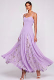 A Line Floral Lilac Appliqued Long Wedding Guest Dress