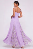 A Line Floral Lilac Appliqued Long Wedding Guest Dress