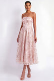 English Rose Floral Embroidered Strapless A Line Midi Wedding Guest Dress